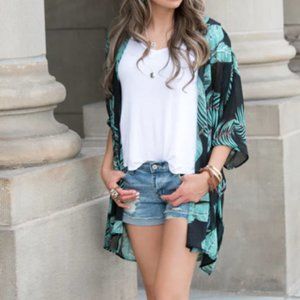 Lightweight Black & Green Palm Leaf Kimono, One Size